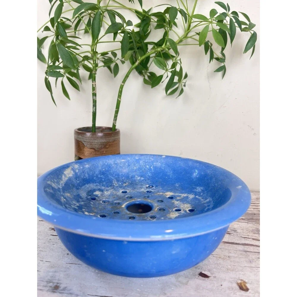Antique Rare Blue Ceramic Berry Bowl W/ Colindar / Cherry Bowl 8” Cottage Home